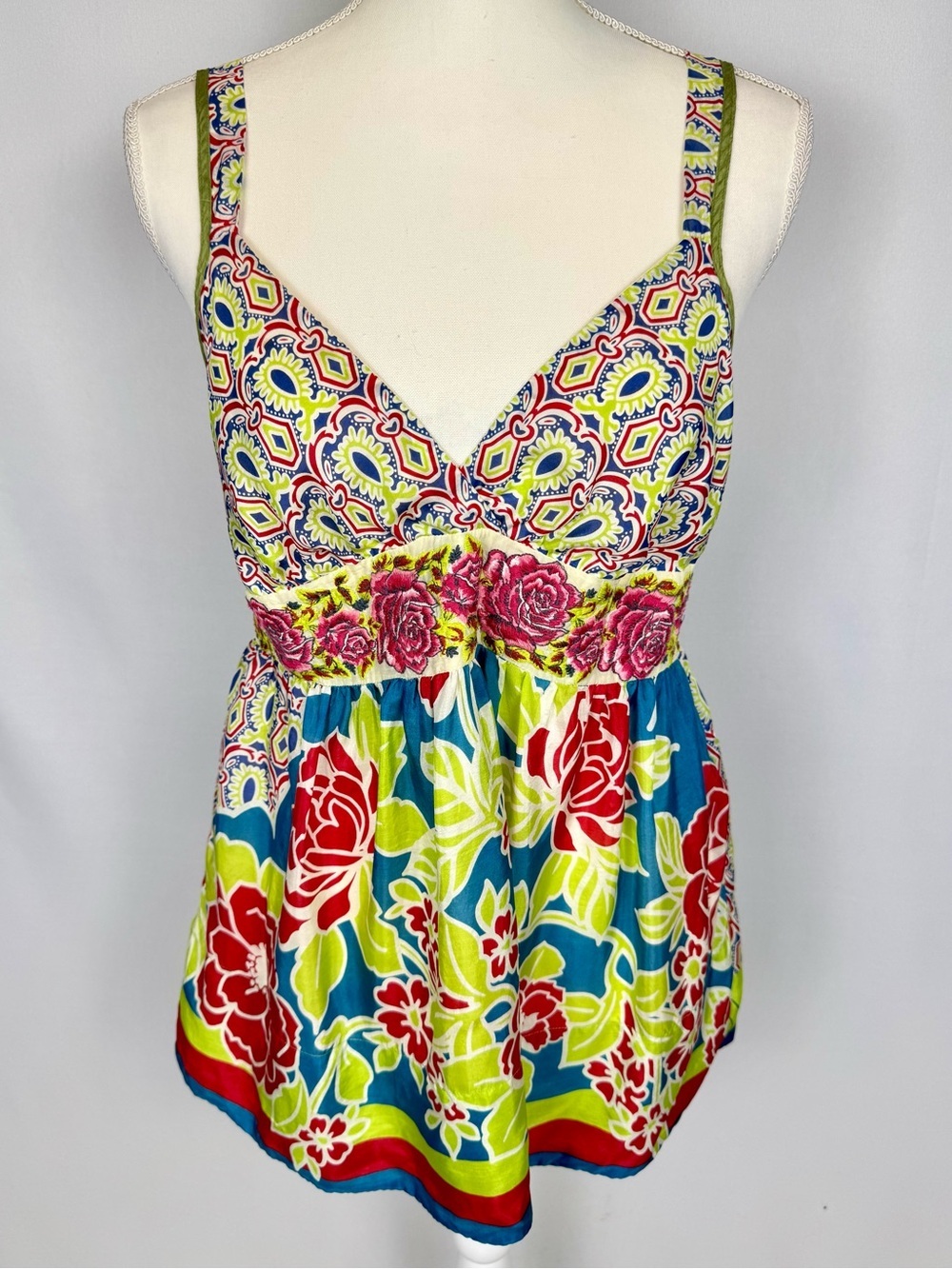 Johnny Was Silk Tank Camisole Colorful Embroidery Empire Waist Small Boho Summer